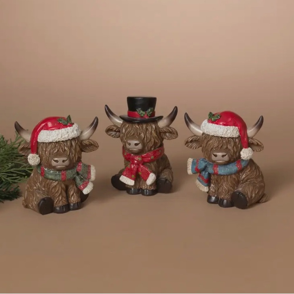 Festive Highland Cow Figurines Set - Red and Brown
